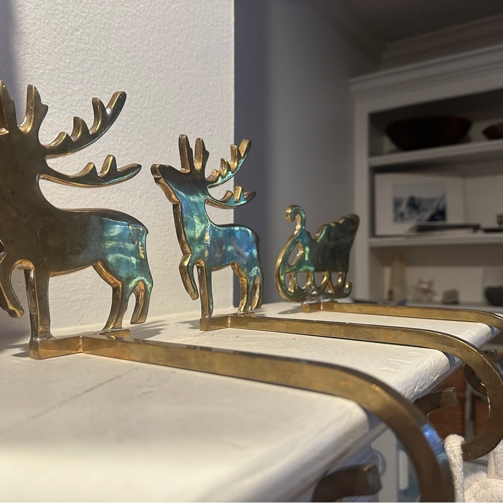 Vintage Brass Gold Reindeer and Sleigh Stocking Hangers for Christmas - Picture 6 of 12